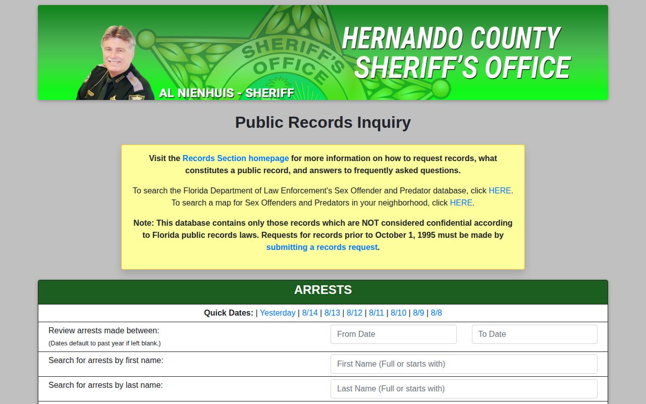 Brooksville operative HCSO arrest-record search interface