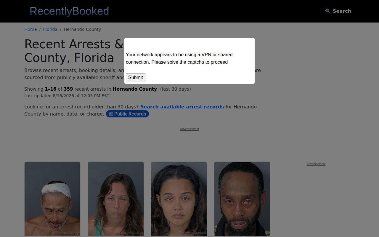 Unofficial Recently Booked Hernando County mugshot and arrest news page