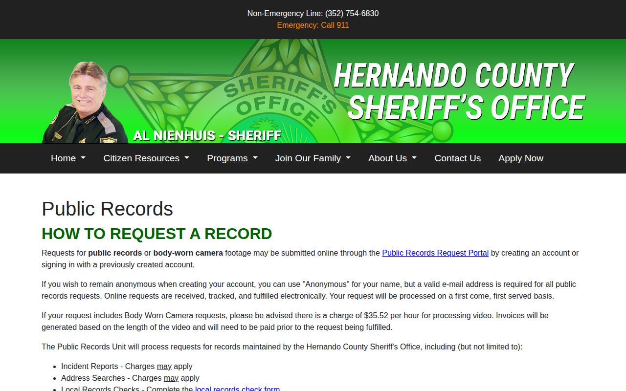 Hernando County booking photo public records request page
