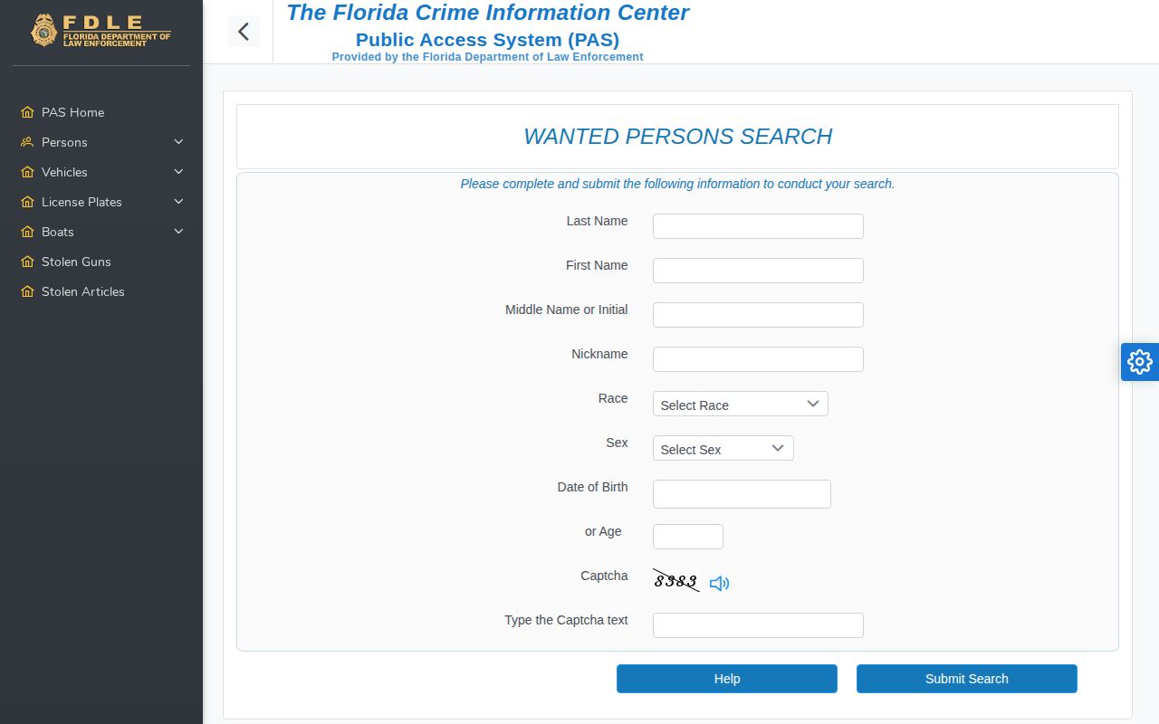 FDLE official wanted-person search for Hernando County warrant records