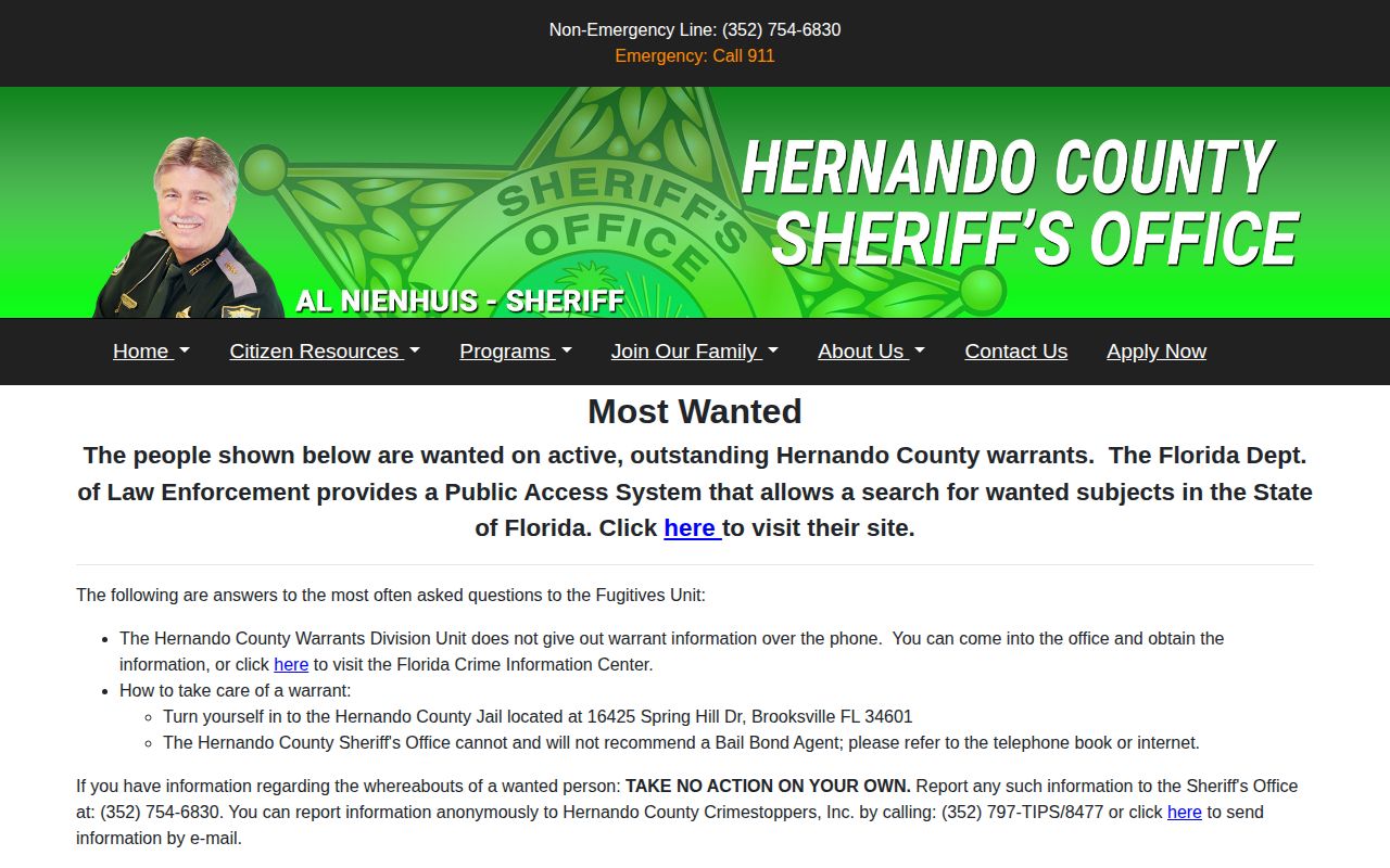 Hernando County wanted fugitives and warrant list interface from HCSO
